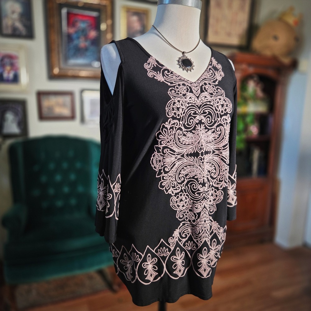 Coco‎ Bianco Black Pink Ornate Tunic Mini Dress Boho Tunic Top V-Neck Small